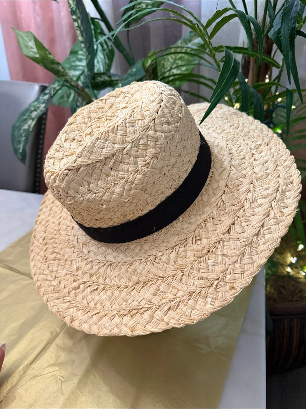 Vintage Straw Sun Hat with Black Band - Women Accessories